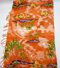 Sarong Wrap Skirt Swimsuit Cover Up Orang Palm Trees Hawaii Flowers Fringe EUC