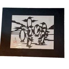 Hou-tien Cheng Master Chinese Paper Cutter Penguins Art Signed Matted 11 x 14