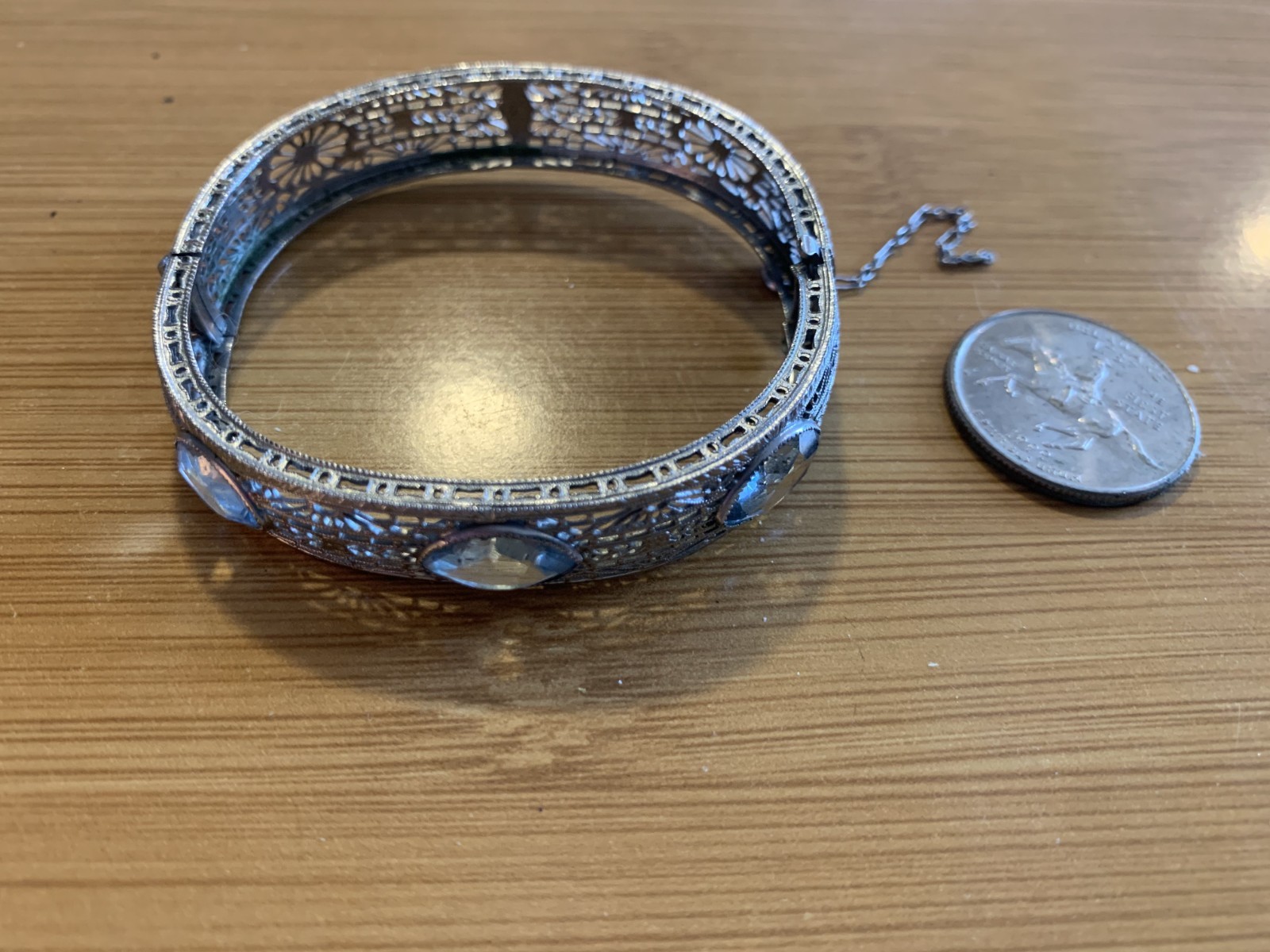 Vintage Antique Art Deco Blue Glass Rhodium Plated Filigree Bangle Bracelet