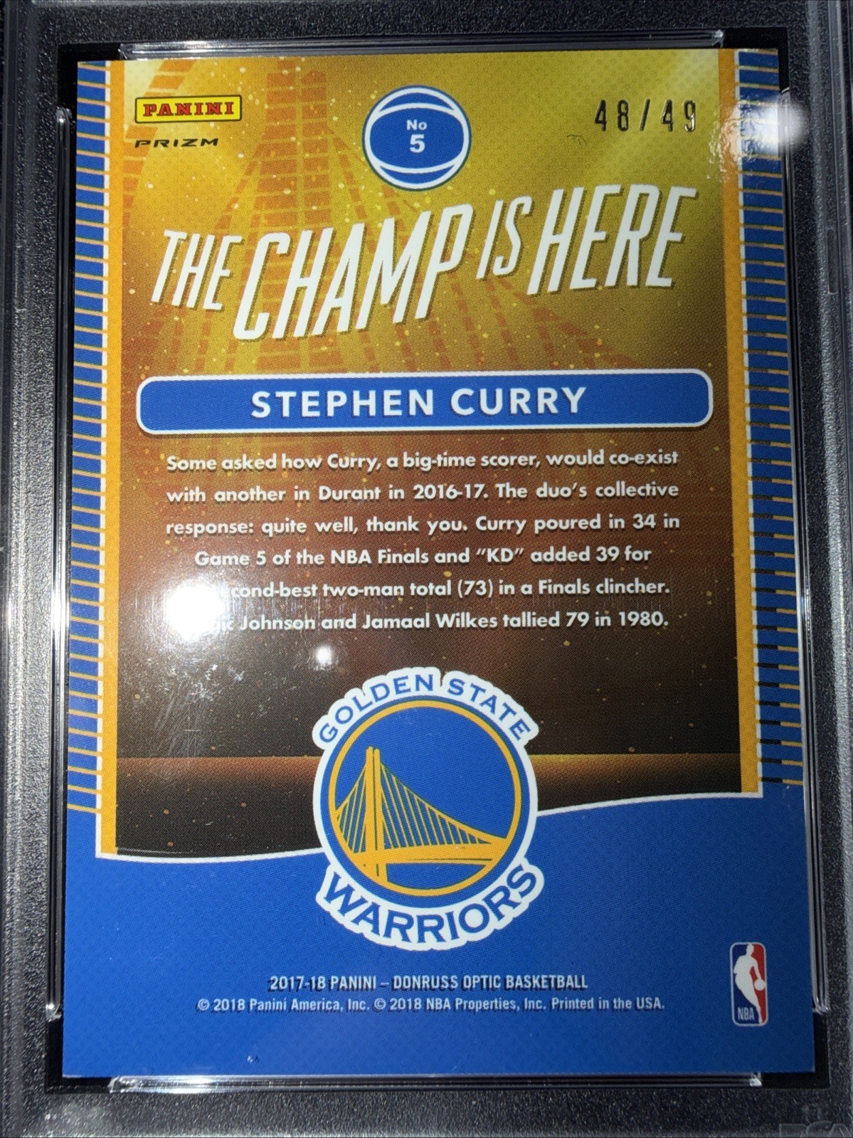 2017 Donruss Optic The Champ Is Here Blue Prizm #5 Stephen Curry 48/49 PSA 8 view 4