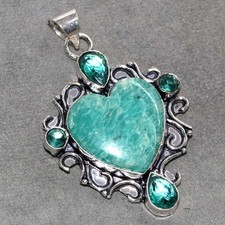 Ciondolo lungo cuore topazio verde amazzonite argento 925 placcato 2,4" trendy GW