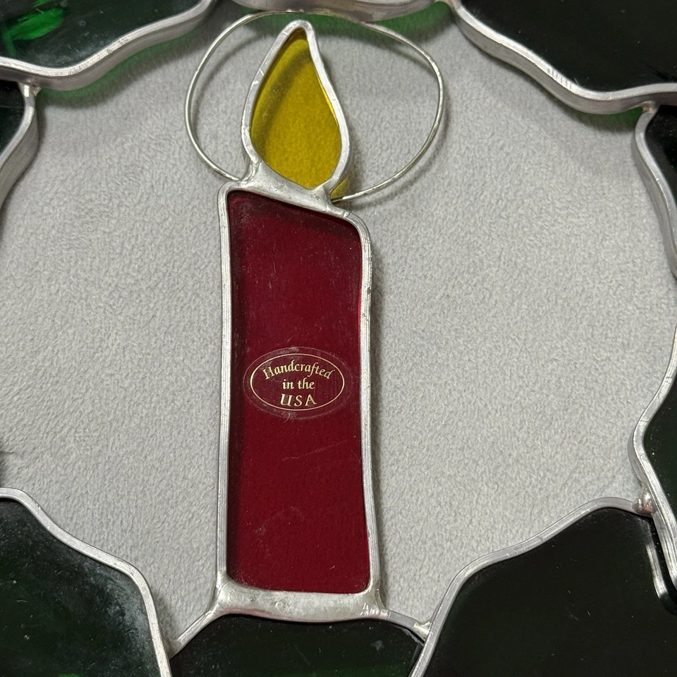 Stained Glass Christmas Holly Wreath Hanging Suncatcher 8" Hand Crafted in USA - Image 3 of 4