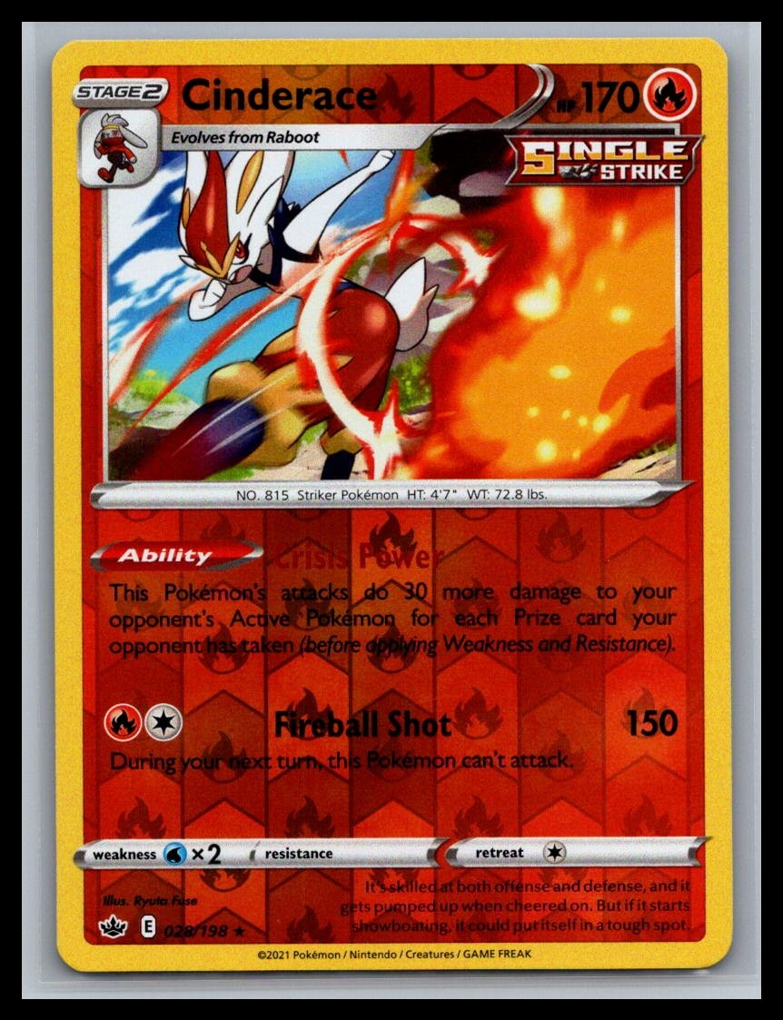 Cinderace 028/198 Holo Rare Chilling Reign Pokemon Reverse Holo Near Mint