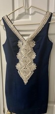 Lilly Pulitzer Navy Blue Gold Embellished Dress Size 2 Embroidered Glitter Braid