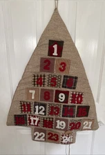 Christmas Tree Shaped Cloth Hanging Advent Calendar Rustic Felt Burlap Red Beige