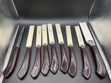 Set of 9 Vintage Ginsu Stainless Serrated Knife Knives USA Brown Handle Steak