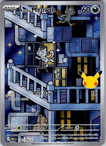 Alolan Meowth 139/128 IR Pokemon 30th Celebration Illustration Rare Holo NM