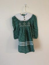 Polly Flinders Girls Size 4 Green Floral Cotton Knee Dress Long Sleeve Lace