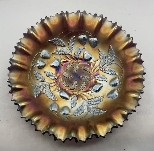 NICE VINTAGE CARNIVAL SIGNED NORTHWOOD PURPLE STRAWBERRY PCE BOWL “BASKETWEAVE”