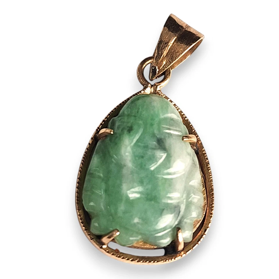 Colgante de jadeíta verde manzana Happy Buddha oro 14K fianza 1,66 g Foto 2 de 4