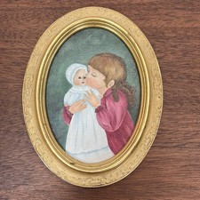 Vintage Small Art Hand Painted Original Oval Wood Frame Victorian Girl & Doll