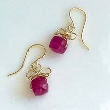 Ruby Earrings with 14k GF, Ribbon Design, Cube Cut, Fluorescent Under UV