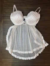 Victoria Secret Sequin Stripe Pink White Nightie Babydoll Size 36D