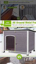 Outdoor Wood Dog House w/ Metal Frame, Anti-Chewing, M, 22x32x24"
