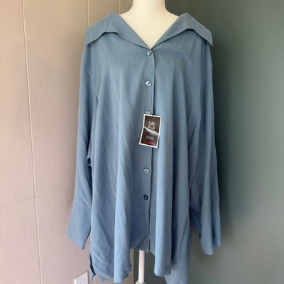 Avenue Silk Fuji Collection Blue Textured Button Down Shirt Plus Size 30/32 NWT