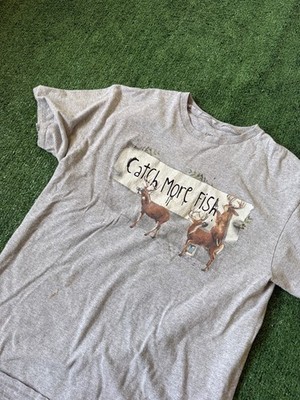 Catch More Fish Mens Funny Graphic T Shirt Deer Gray Outdoors Nature L FLAWS