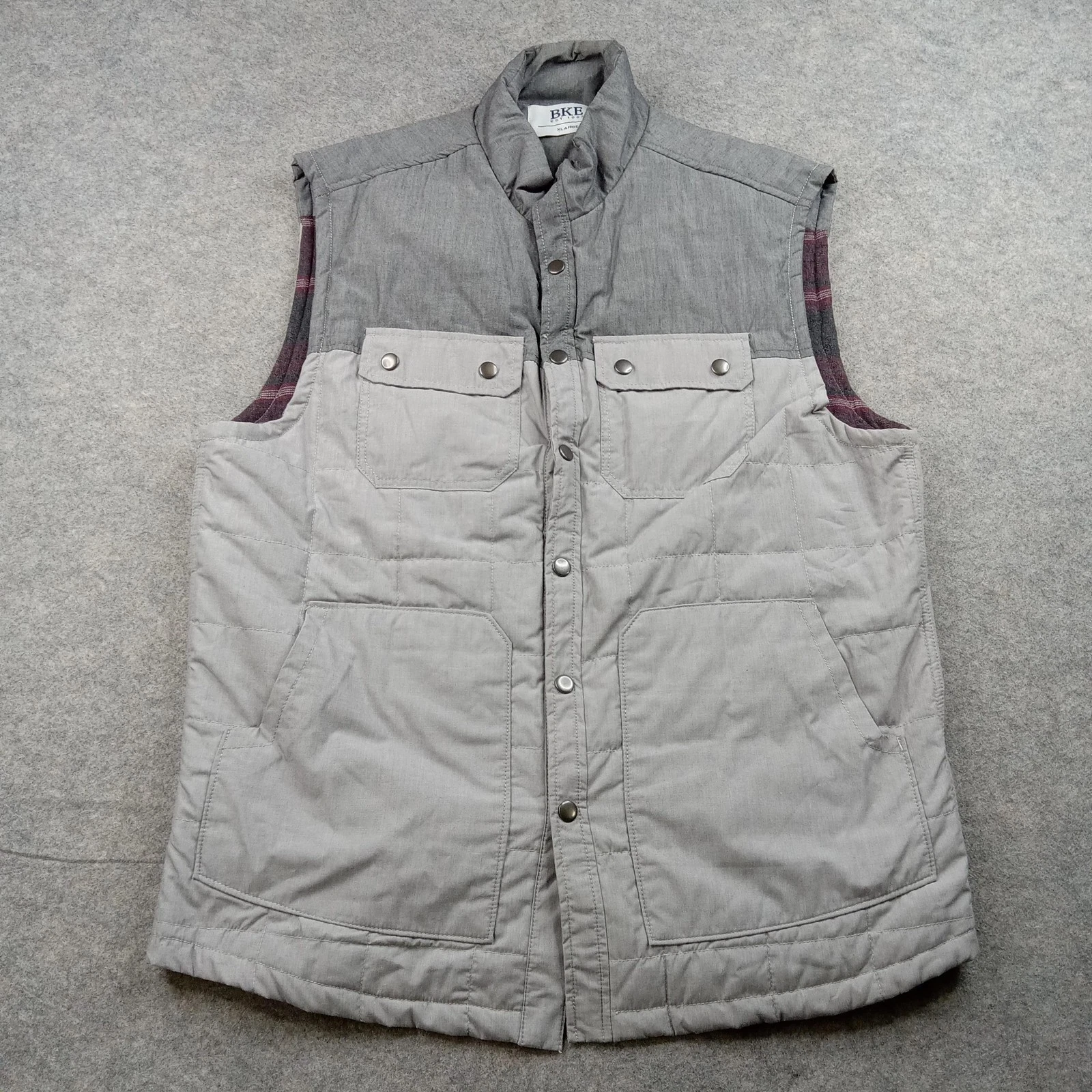 BKE Vest Mens XL Buckle Quilted Puffer Snap Front Cotton Blend Plaid Lined