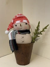 6.5" Handmade Primitive Winter Christmas Snowman in Rusty-look Pail