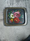 VTG Hand Painted Metal Tray Black Gold Floral Signed USSR. measures:12.75" X 10" — photo 1