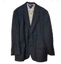 Tommy Hilfiger Blazer Houndstooth Plaid Blue Gray Two Button Wool Size 44R