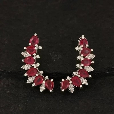 2Ct Pear Cut Lab Created Red Ruby Leaf Line Stud Earrings 14K White Gold Plated