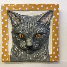 Shorthair Cat Ceramic portrait 3d tile bas-RELIEF Handmade Sondra Alexander Art