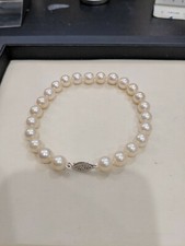 Vintage 8mm Akoya Cream White Pearl Bracelet 8-1/2" length 14K White Gold Clasp