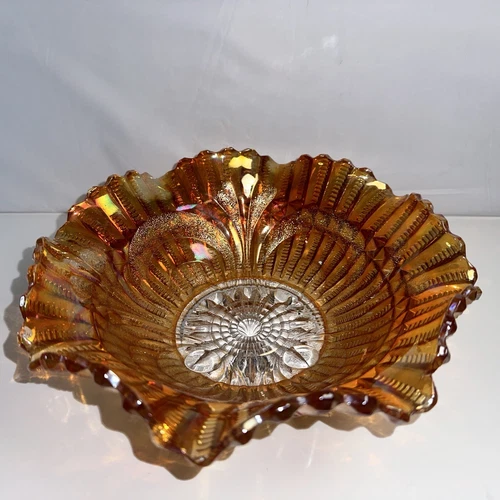 VTG Marigold Art Glass Candy Dish Imperial scroll Carnival glass bowl