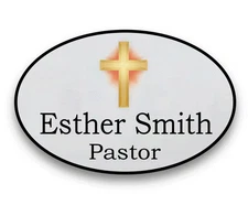 CHURCH NAME BADGE #6 PERSONALIZED CUSTOM SILVER OVAL SHAPED MAGNETIC FASTENER