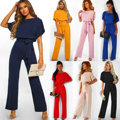 Damen Jumpsuit Elegant Lang Einteiler Sommer Hosenanzug Gürtel Clubwear OverallO