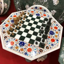 24"x24" White Marble Octagon Chess Table Top – Semi-Precious Gemstone Inlay