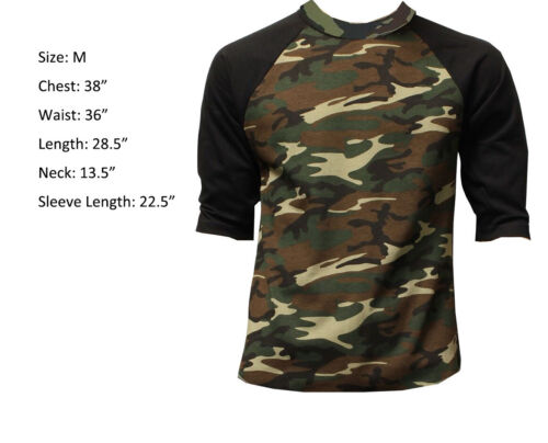 3/4 Sleeve Raglan Baseball Mens Plain Tee Jersey Sports T-Shirt Camou Black M