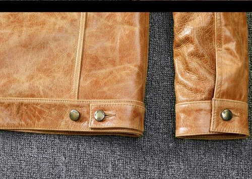 Genuine Cowhide Leather Jacket Men's Denim Jacket Slim Pocket Button Short Coats - Picture 9 of 16