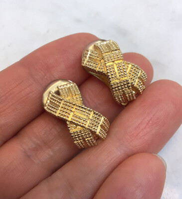Vintage CHRISTIAN DIOR Textured Gold Tone X Clip On Earrings