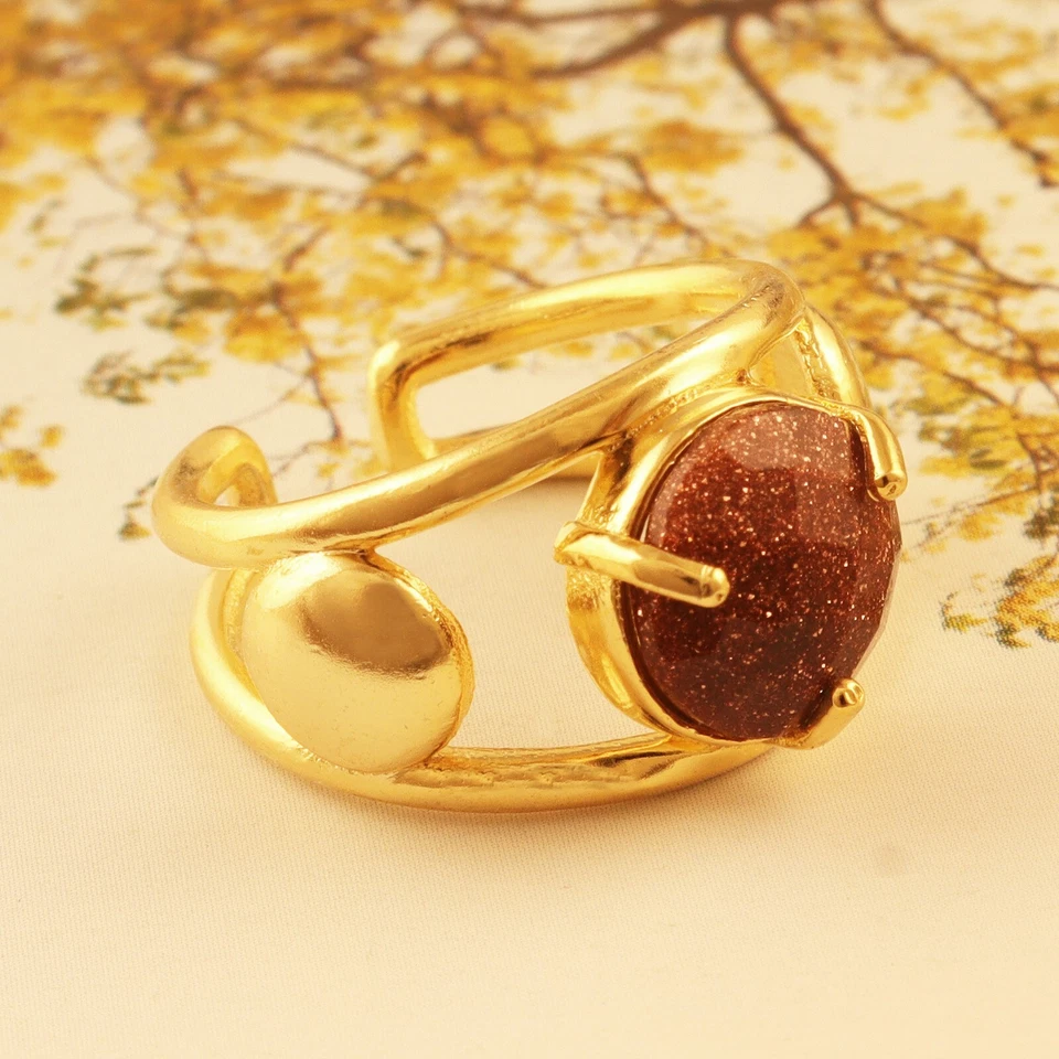 Red Sunstone Double Layer Band Gold Plated Prong Handmade Adjustable Chunky Ring - Image 3 of 4