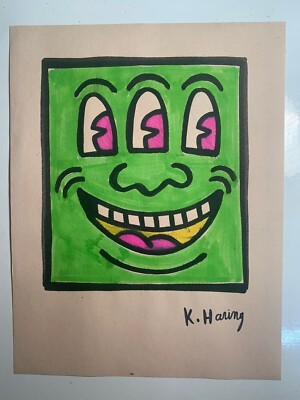 Keith Haring Signed Watercolor Painting on Paper Self Portrait 1988  11'' x 8.25''