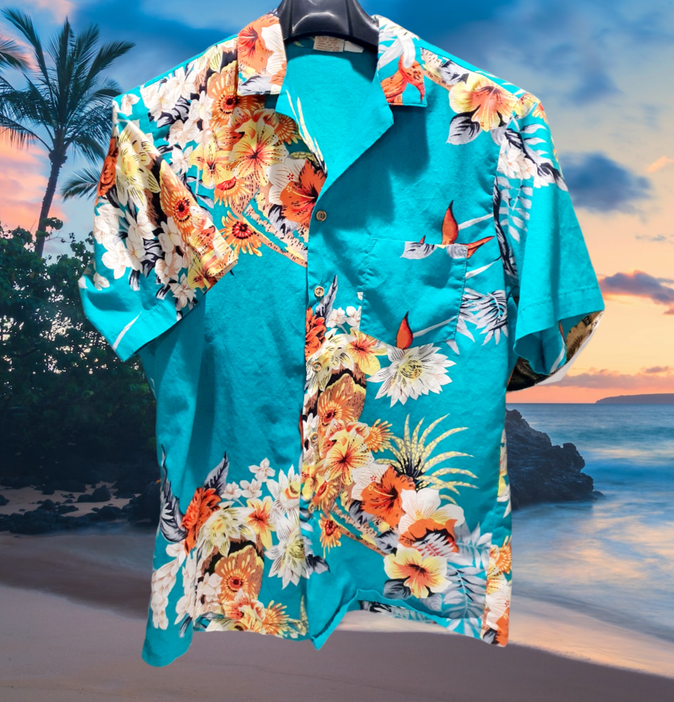 Go Barefoot in Paradise Hawaiian Shirt 1970s Mens Large (fits like M) Vintage