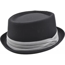 Unisex Black Cotton PorkPie Hat with Black and White Stripey Band