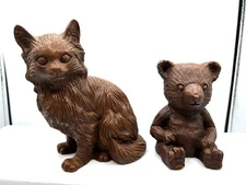 2-Red Mill Mfg. Hand Crafted. Pecan Shell Figurines. Cat And Teddy Bear. 5” & 4”