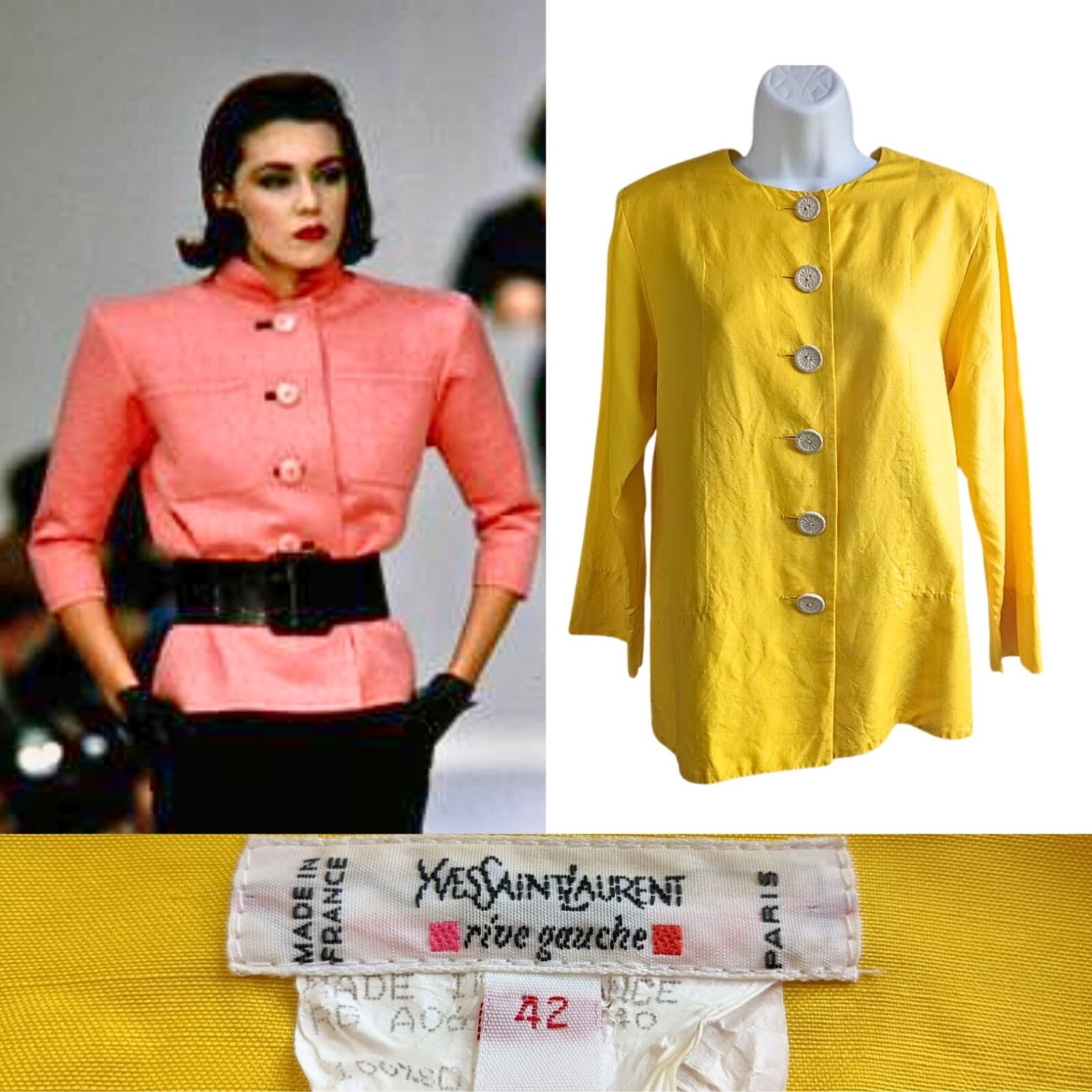 Giacca vintage 1986 YVES SAINT LAURENT RIVE GAUCHE gialla seta pietra bottoni taglia 42 6