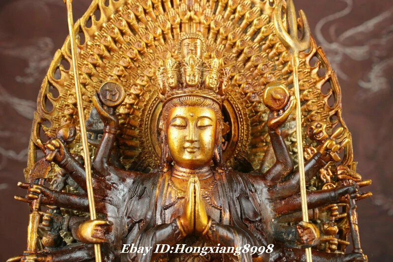 11" Old Tibet Bronze Gilt Temple 1000 Arms Kwan-yin Quan Guan Yin Buddha Statue - Image 2 of 4