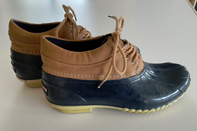 Tommy Hilfiger Women Size 7M Ankle Duck Boot Rain Shoe Lace Up Navy Tan
