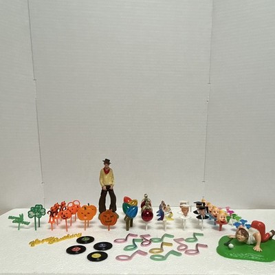 Vintage Wilton Cake Toppers & Candle Holders Cowboy  Comical Golfer  Records Lot