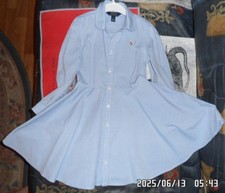 Polo Ralph Lauren Girls Blue Cotton Long Sleeve Charming Shirt Dress 6