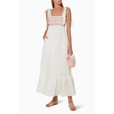 Zimmermann Linen Goldie Rainbow Smocked Tie Maxi Dress White Women's Size 0