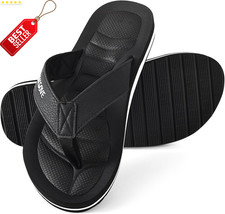 Mens Black Flip Flops Arch Support Memory Foam Waterproof Beach Sandals - US