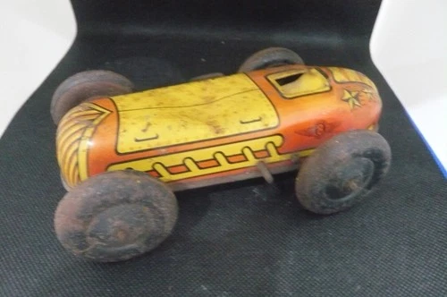 Vintage Red Yellow Toy Tin Race #8 Car no. 8 As Is Has Key No Driver