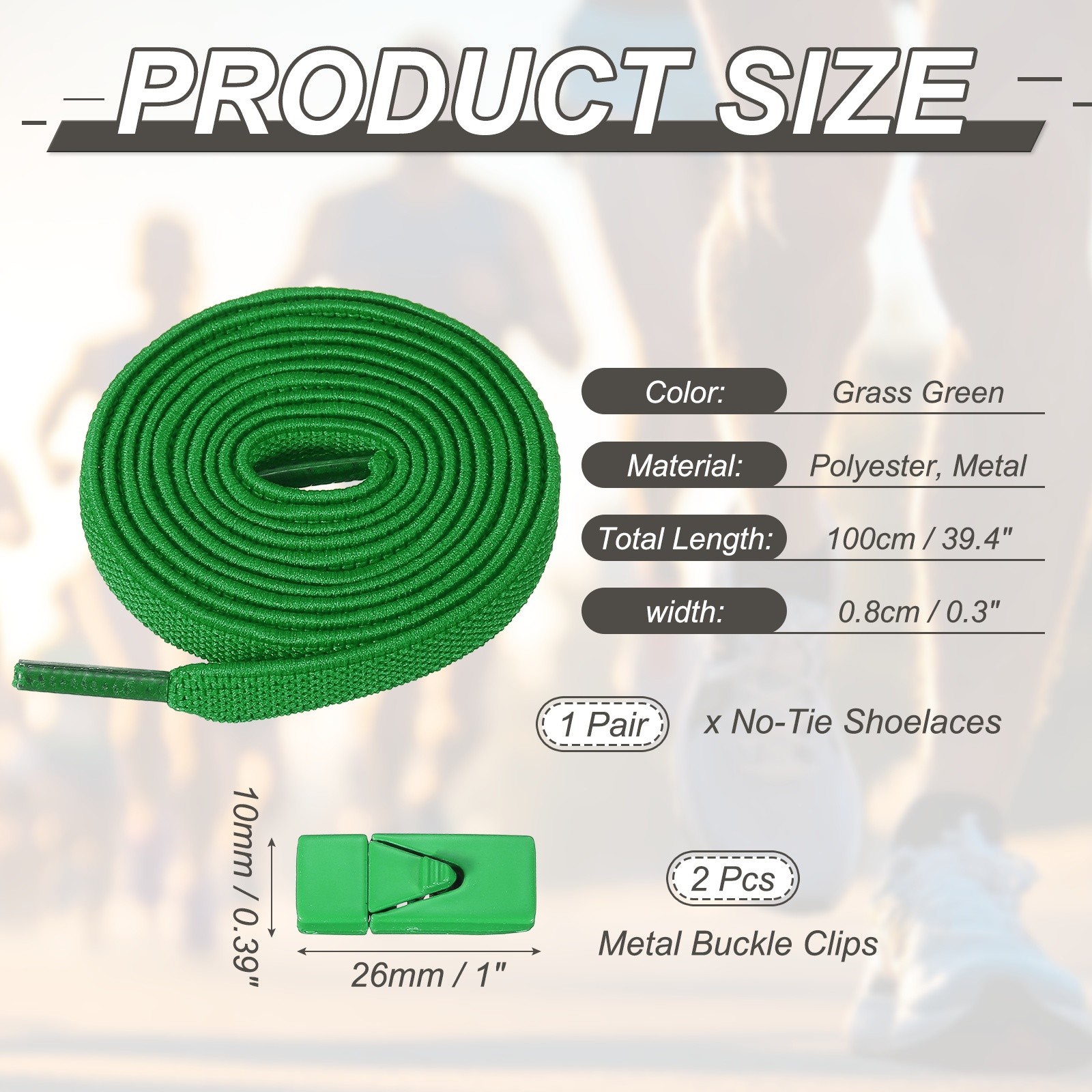 No Tie Shoelaces with 2 Metal Triangle Buckle Clips, 1Pair & Green
