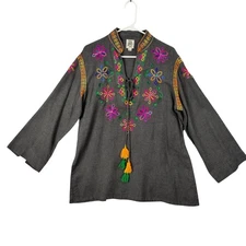 Ivy Jane Women Large Gray Boho Embroidered Hippie Coachella Tassel Tunic Top