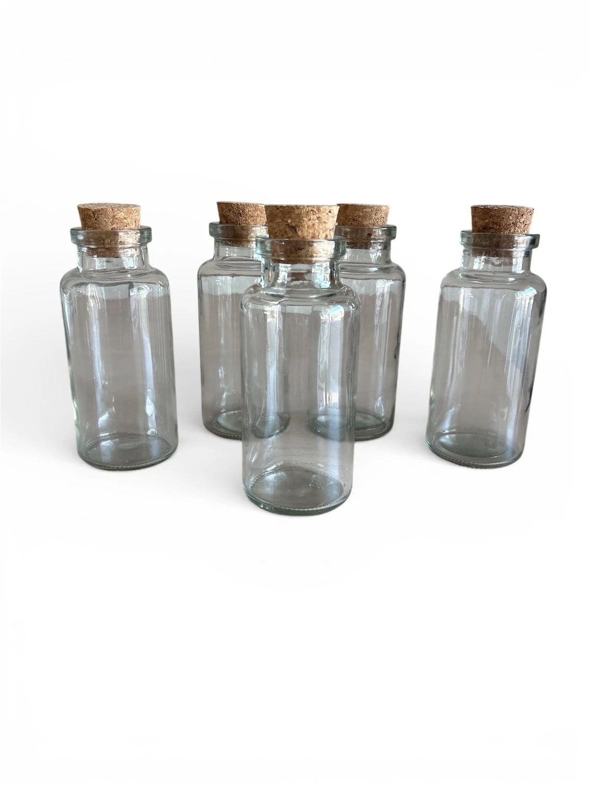 Clear Glass Storage Jars Set Of 5 Cork Lid 6 Oz Cylinder Bottles Apothecary
